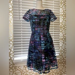 Blue, Black, Pink Striped Punk Inspired Cocktail Dress by Tahari | 6
